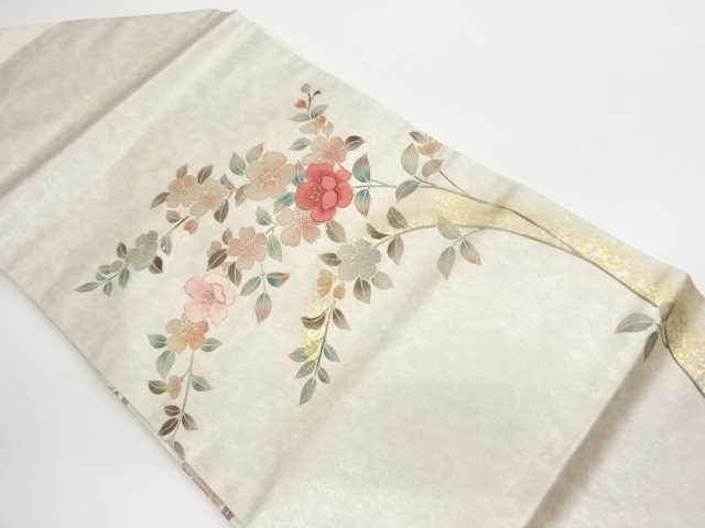 Nagoya obi with gold embroidery of branch, flower, and leaf patterns